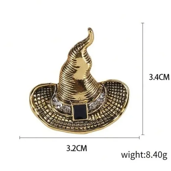 Goth Witches Hat Brooch Gold Tone, Engraved Design, Jewels, And Black stone - Picture 2 of 3